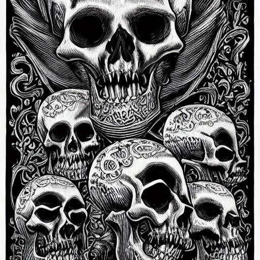 Image similar to Joe Fenton drawing of Psychedelic Skulls, medieval town, skulls, drawn by Joe Fenton, trending on artstation