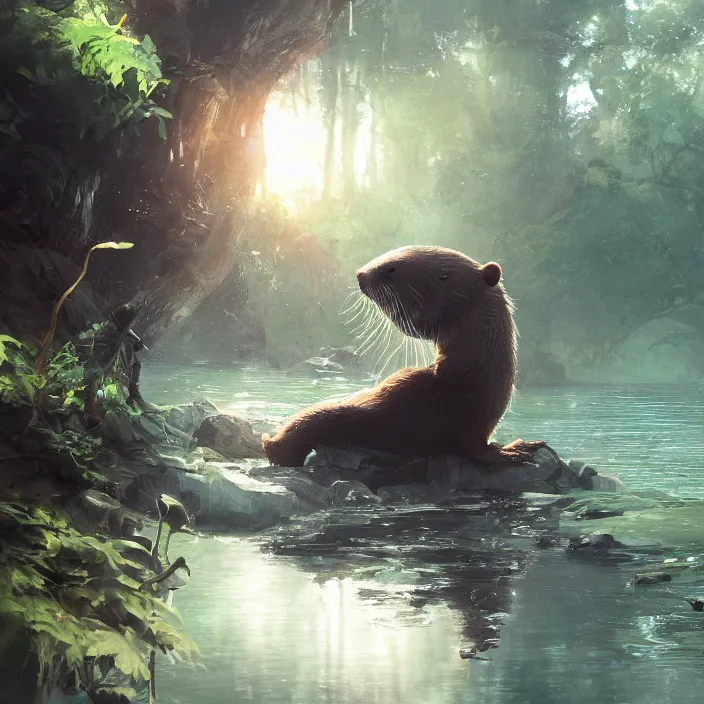 Prompt: a detailed painting of a cute otter at a river. character design by cory loftis, fenghua zhong, ryohei hase, ismail inceoglu and ruan jia. volumetric light, detailed, rendered in octane