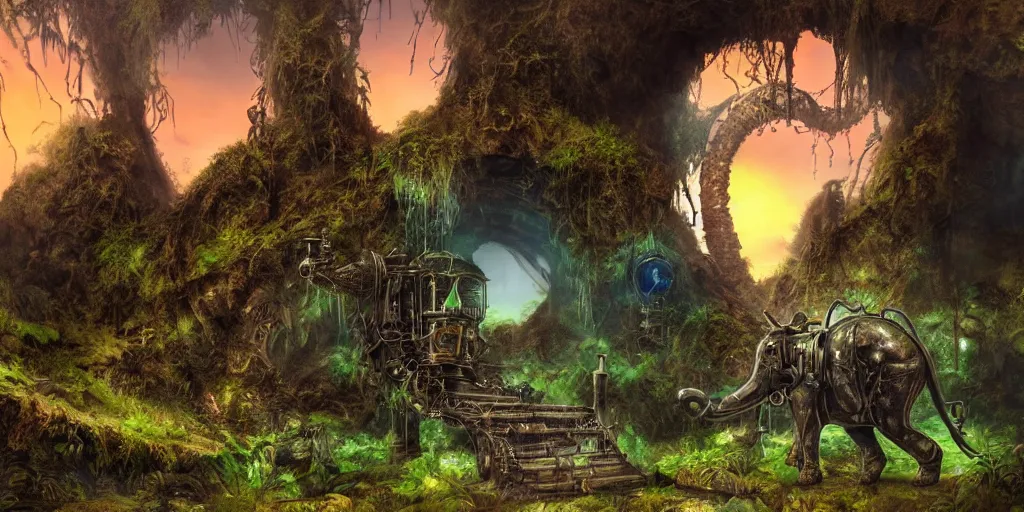 Prompt: magnificent mechanical steampunk elephant looking eerily into a cave entrance with lush vegetation and mystical (((glowing algae))) in the sunset, desaturated, creepy ambiance, dangerous, sharp focus, highly detailed, artgerm