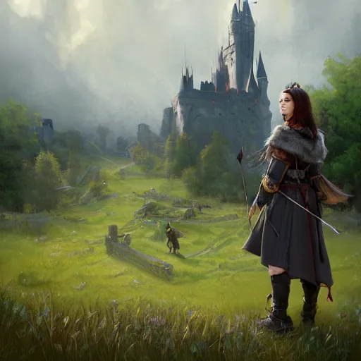 Prompt: a warrior girl with short black hair wearing a gray cloak with fur collar and leather boots holding a crossbow standing in a meadow with medieval fantasy landscape with castle in the distance, shot from behind, fantasy art, digital art, by andreas rocha, trending on artstation, vibrant colors