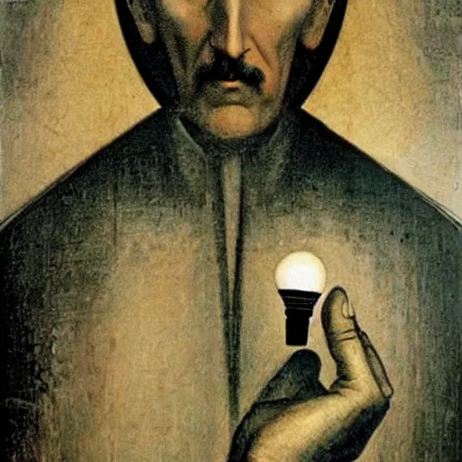 Prompt: painting of nikola tesla by leonardo da vinci very realistic and detailed. Holding a light bulb. Divine. Atereal location