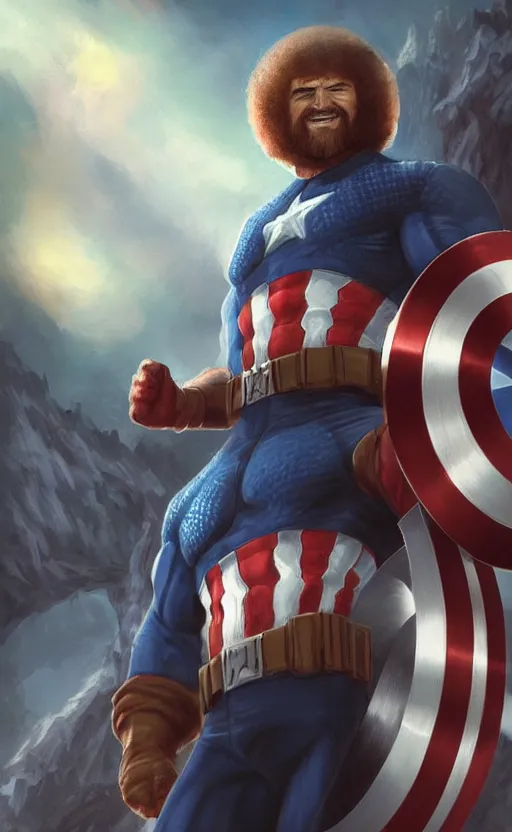 Image similar to bob ross as captain america, dynamic lighting, cinematic, ultra detailed, trending on art station, stunning visuals, creative, fantasy concept art