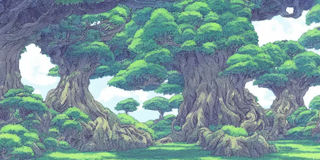 Image similar to landscape with ancient banyan trees, Studio Ghibli, Totoro, anime, illustrated