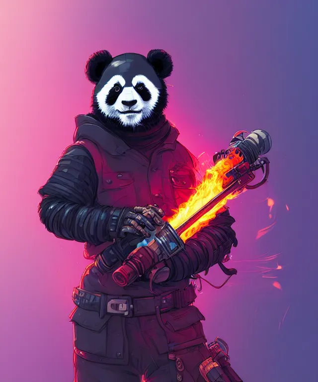 Image similar to a portrait of a cyberpunk panda holding a flamethrower, fantasy, elegant, digital painting, artstation, concept art, matte, sharp focus, illustration, art by josan gonzalez