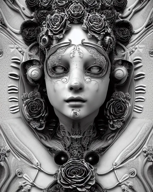 Prompt: mythical dreamy black and white organic bio-mechanical spinal ribbed profile face portrait detail of translucent steampunk beautiful siamese females angelic-human-queen-vegetal-cyborg, highly detailed, intricate trnaslucent ivy jelly ornate, poetic, translucent roses ornate, 3D render, digital art, octane render, 8K artistic photography, photo-realistic, by Dora Maar