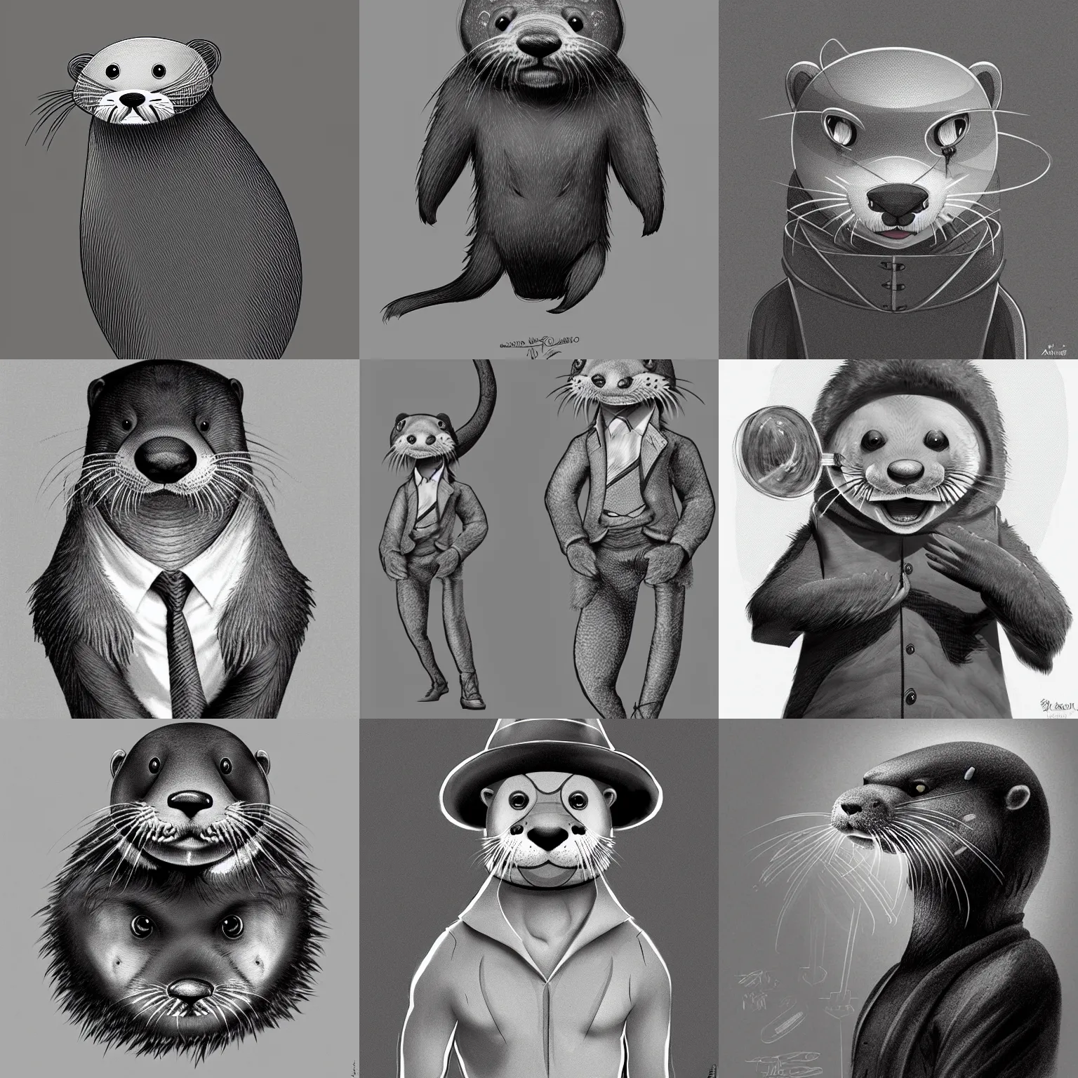 Prompt: anthropomorphic masculine otter in costume, juanjo guarnido, concept art, highly detailed, eddotorial illustration, b & w, noir