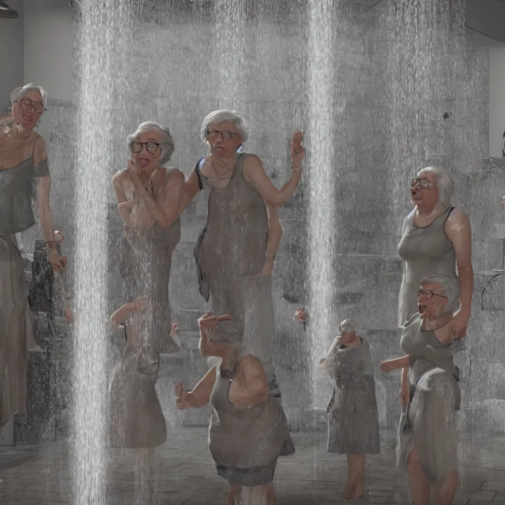 Image similar to Three old ladies shouting into a shower head, unreal engine, high detail