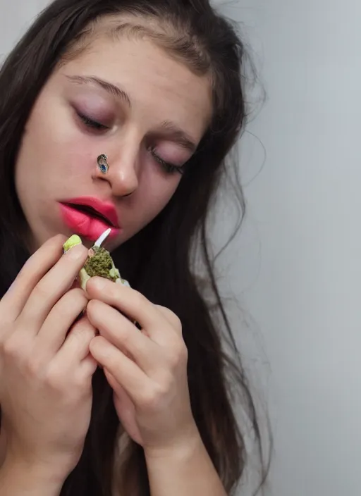 Image similar to stoned, under the influence, young female smoking weed for the first time