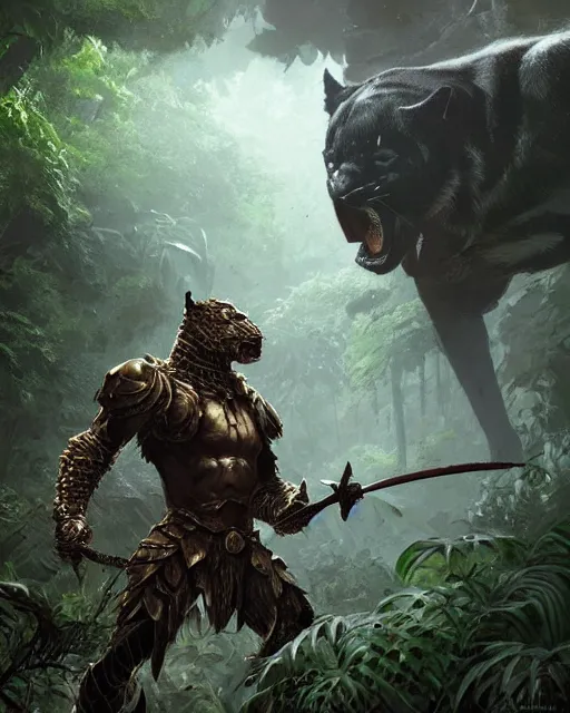 Image similar to Panther warrior in armor sneaking in jungle, portrait, magic the gathering artwork, D&D, fantasy, cinematic lighting, centered, symmetrical, highly detailed, digital painting, artstation, concept art, smooth, sharp focus, illustration, volumetric lighting, epic Composition, 8k, art by Akihiko Yoshida and Greg Rutkowski and Craig Mullins, oil painting, cgsociety