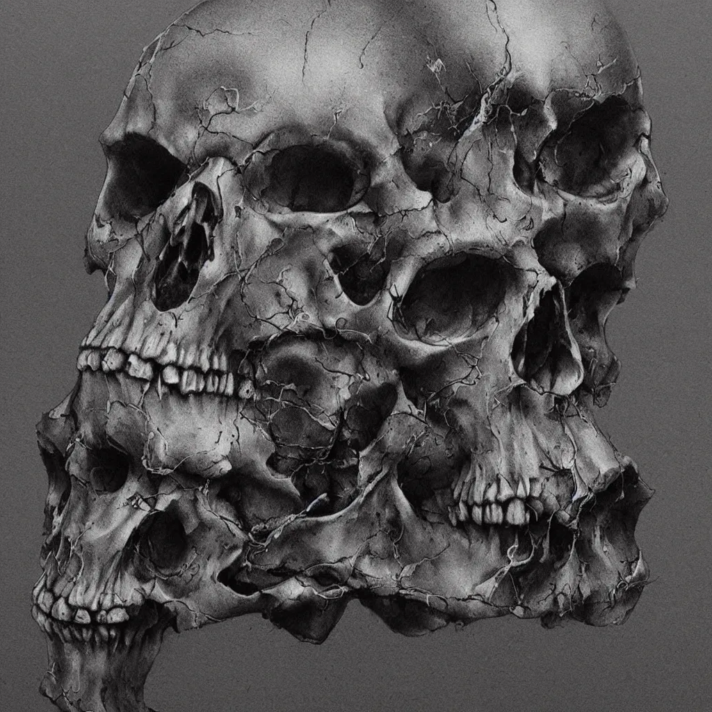 Prompt: a highly detailed skull done in the style of zdislaw beksinski