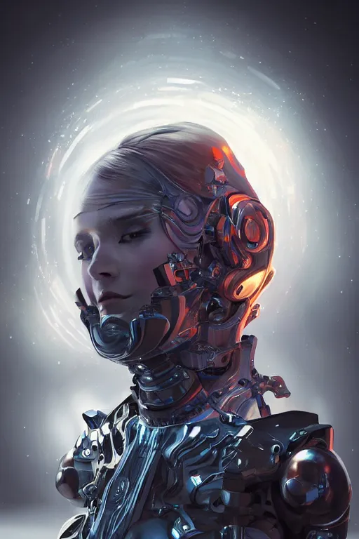 Image similar to detailed portrait of a cyborg, necromancer, benevolent, scifi, futuristic, beautiful girl, elegant cape, glow, concept art, sharp focus, inside a space ship, trending on artstation, intricate, advanced technology, art by roman makarenko and simon almeida and marcos melco