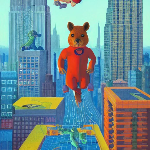 Prompt: a detailed painting of an adorable capybara superhero flying above new york by casey weldon, new contemporary art, colorful