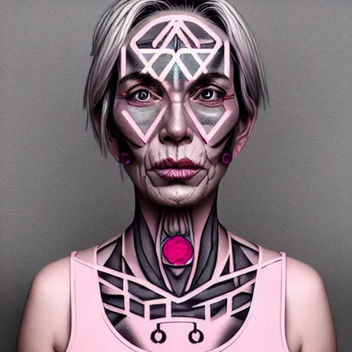 Prompt: middle aged woman ; muted pink shoulder length shaved side ; grey skin ; muted pink eyes ; face tattoos lines ; alchemist ; trending on artstation ; cinematic ; high detail ; digital art