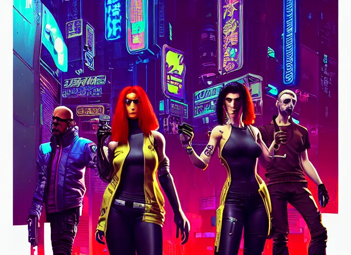 Image similar to cyberpunk street gang. portrait by stonehouse and mœbius and will eisner and gil elvgren and pixar. character design. realistic proportions. cyberpunk 2 0 7 7 character art, blade runner 2 0 4 9 concept art. cel shading. attractive face. thick lines. the team. diverse characters. artstationhq.