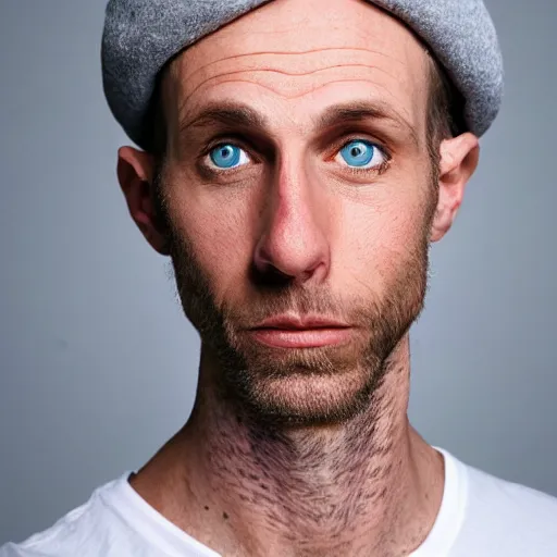 Image similar to color photograph of a 40 year old white Jewish Israeli skinny man with short, curly, blond hair and very small blue eyes, dressed in a white t shirt, gray shorts and a beret, with a small mole to the right of his very thin lips, with a straight nose and blond stubble, and an earring in the left ear