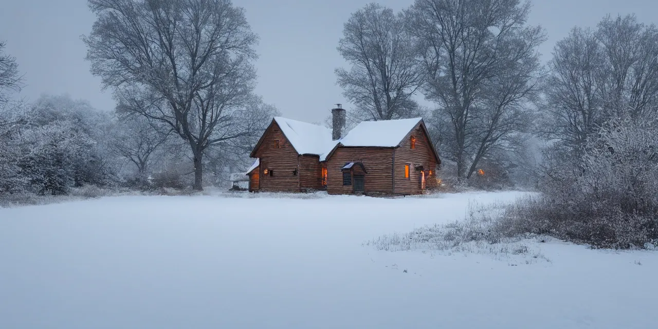 Prompt: blizzard with cottage in clearing obscured by snow, the windows are lit, 4k, realistic, cinematic