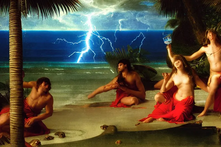 Image similar to The Ritual of the sacred elixir, refracted sparkles, thunderstorm, beach and Tropical vegetation on the background major arcana sky and symbols, by paul delaroche, hyperrealistic 4k uhd, award-winning, very detailed paradise