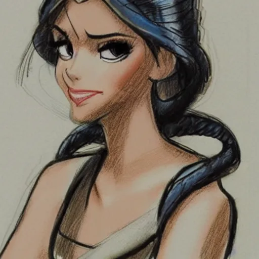 Image similar to milt kahl sketch of victoria justice with done up hair, tendrils covering face and ponytail as princess padme from star wars episode 3