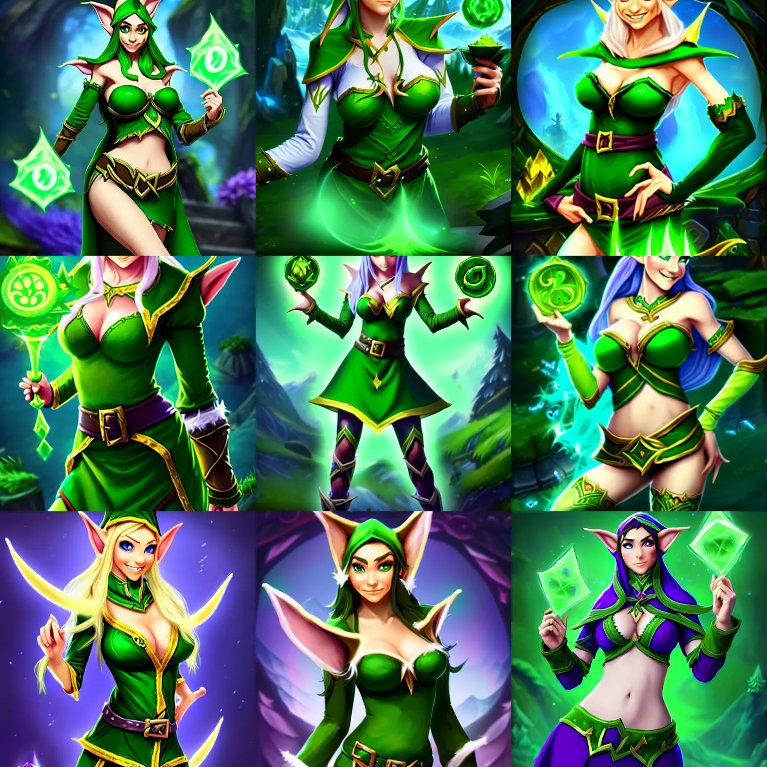 Prompt: a beautiful magical elf with green clothes, Hearthstone official splash art, smallest waist, widest hips, busty, full body, SFW clothes hidding breasts and crotch