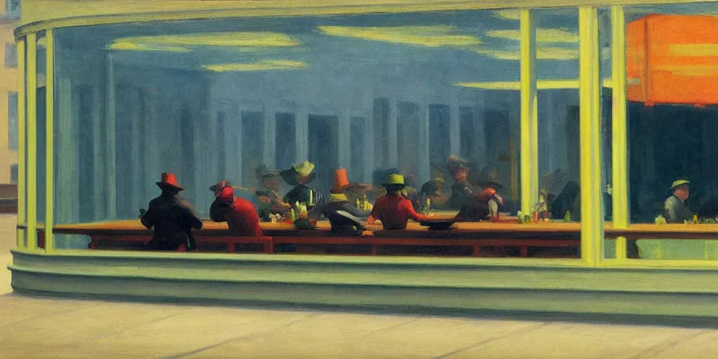 Image similar to painting, view from inside edward hopper's painting nighthawks, of a group of werebears robbing a bank, foggy