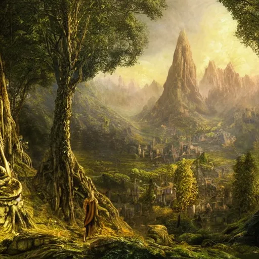 Image similar to a beautiful and highly detailed epic oil painting of an elven city in the mountains, lush valley, beautiful trees, ancient stone runes, intricate details, epic scale, insanely complex, 8 k, sharp focus, hyperrealism, fantasy landscape, psychedelic, by caspar friedrich, brian froud, albert bierstadt,