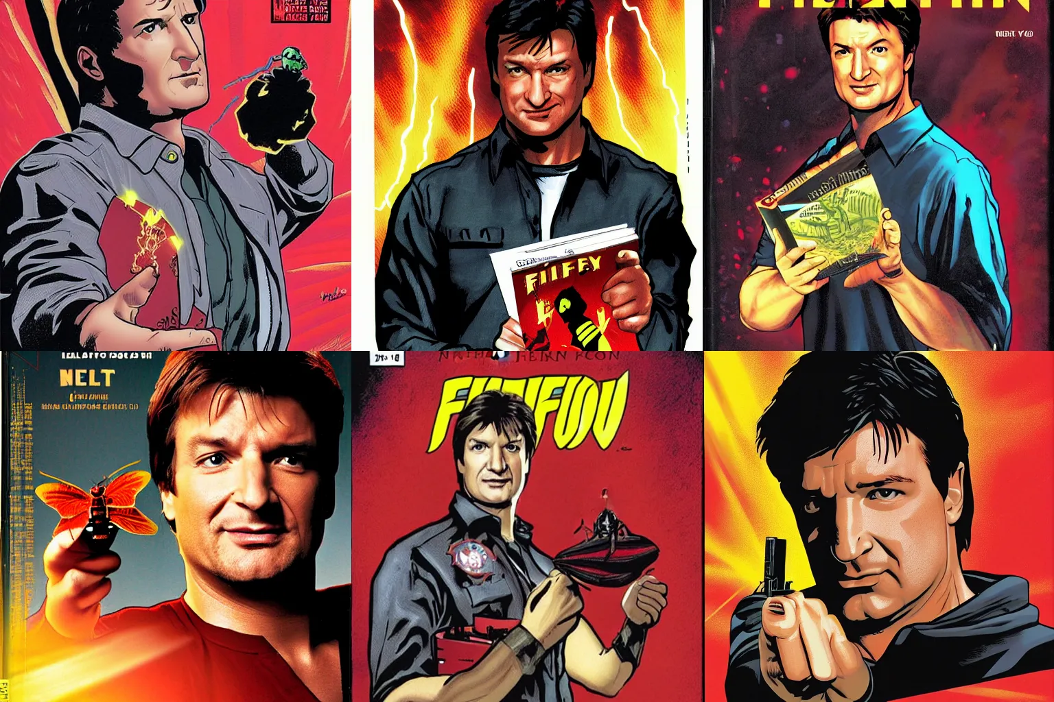 Prompt: nathan fillion holding a firefly bug, comic book, black, red, yellow