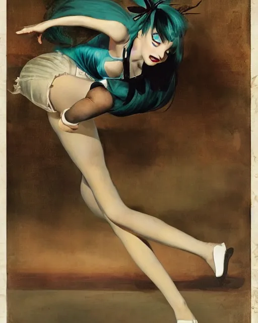 Image similar to hatsune Miku dancing by Gil Elvgren and Enoch Bolle