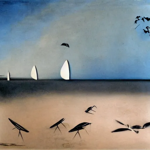 Prompt: seagulls on the beach by yves tanguy