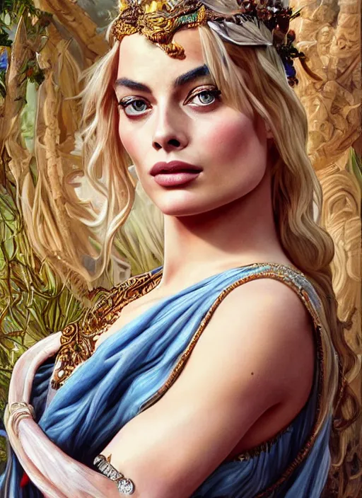 Image similar to Margot Robbie as a Greek Goddess, beautiful detailed eyes, cute, fantasy, intricate, elegant, highly detailed, digital painting, 4k, HDR, concept art, detailed jewelry, smooth, sharp focus, illustration, art by Artgerm, H R Giger and Alphonse Mucha