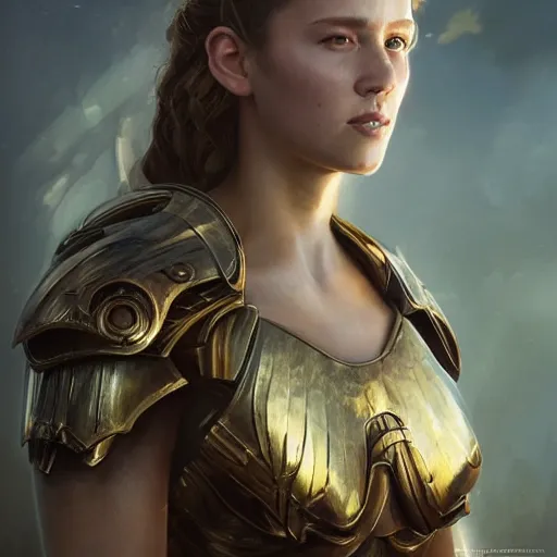 Prompt: attractive aesthetically pleasing young woman portrait, partially clothed in metal-plated battle armor, atmospheric lighting, painted, intricate, volumetric lighting, beautiful, golden hour, sharp focus, ultra detailed, by Leesha Hannigan, Ross Tran, Thierry Doizon, Kai Carpenter,Ignacio Fernández Ríos