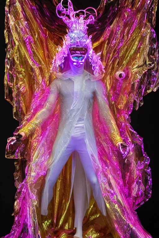 Prompt: full-body rococo and cyberpunk delicate crystalline sculpture of a muscular iridescent slender Latino male as a humanoid deity wearing a thin see-through plastic hooded cloak sim roupa, posing like a superhero, glowing pink face, crown of white lasers, large diamonds, swirling black silk fabric. futuristic elements. oozing glowing liquid, full-length view. space robots. human skulls. throne made of bones, intricate artwork by caravaggio. Trending on artstation, octane render, cinematic lighting from the right, hyper realism, octane render, 8k, depth of field, 3D