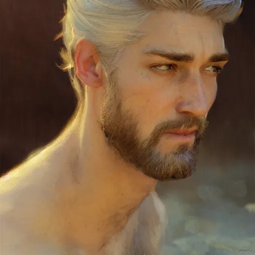 Prompt: detailed cinematic wide shot of beautiful attractive masculine man beard slim face symettrical face clean skin blue eyes white hair, ultra realistic, spring light, painting by gaston bussiere, craig mullins, j. c. leyendecker