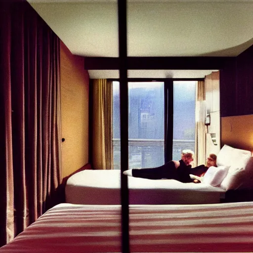 Prompt: a hotel room from the future where the bed is a tank, 45mm 1967