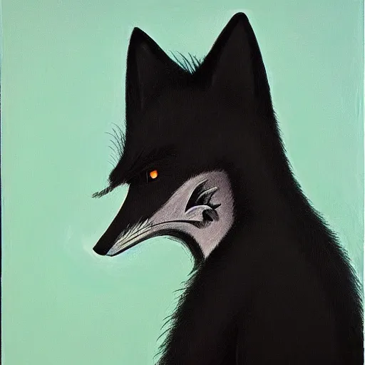 Image similar to portrait of a male anthro anthropomorphic black fox furry fursona with hands on eyes, wearing a suit, 1 9 7 0 s oil on canvas painting, by famous artist jylon denja