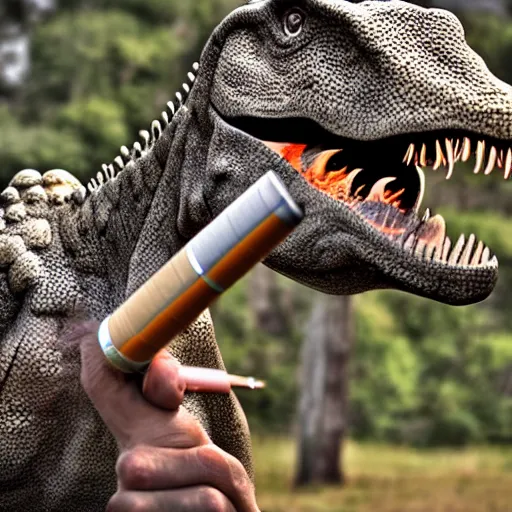 Image similar to dinosaur smoking a cigarette in their mouth realistic hdr professional shot