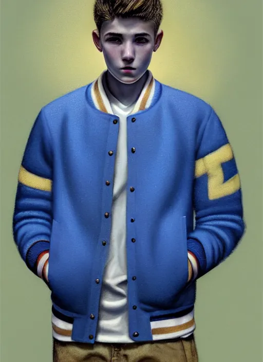 Image similar to portrait of a teenage boy named moose mason, blonde short hair, jock, beefy, square jaw, square facial structure, 1 9 5 0 s, blue varsity jacket, intricate, elegant, glowing lights, highly detailed, digital painting, artstation, concept art, smooth, sharp focus, illustration, art by wlop, mars ravelo and greg rutkowski