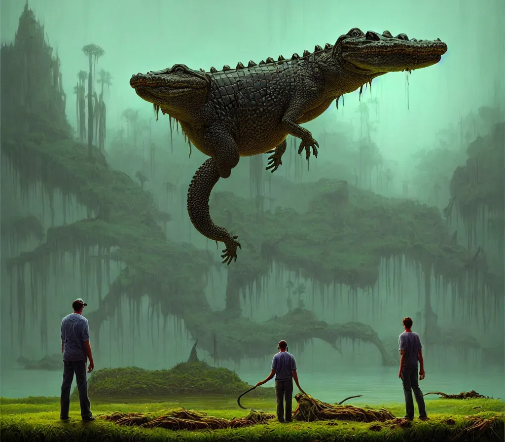 Prompt: a man with the head of an alligator, intricate, detailed, volumetric lighting, sharp focus, scenery, photorealism, digital painting, highly detailed, concept art, by roger dean and simon stalenhag and mark brooks