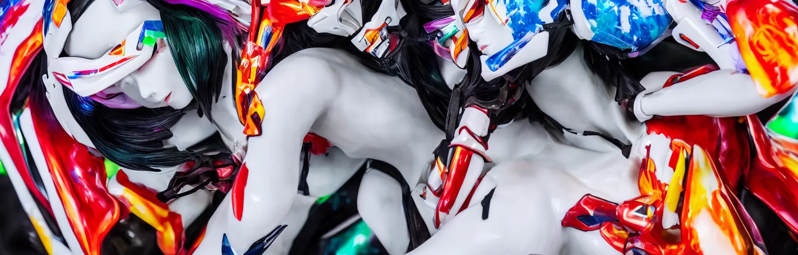 Prompt: beautifully lit extreme close up photo of a white marble statue of an anime girl with colorful motocross logos and motorcycle helmet with closed visor, colorful smoke in the background, carved marble statue, fine art, neon genesis evangelion, virgil abloh, offwhite, denoise, highly detailed, 8 k, hyperreal