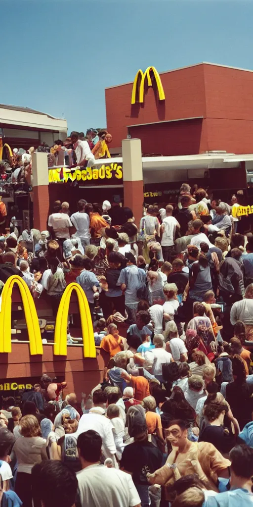 Prompt: A crowd gathers as a McDonalds floats into the sky, 35mm film