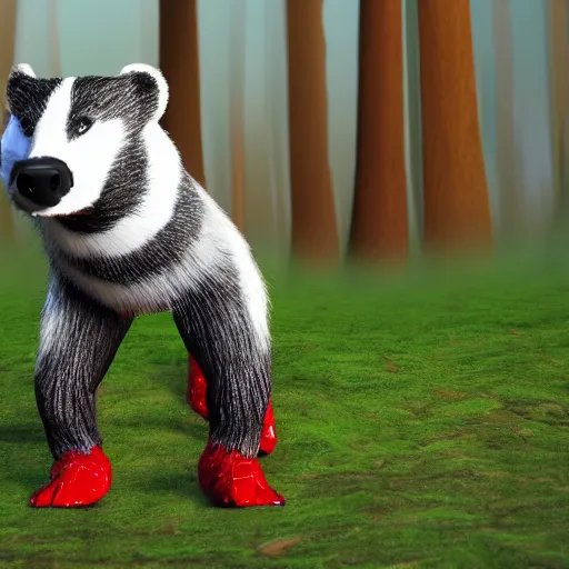 Image similar to a humanoid upright friendly badger walking on white background towards the camera, he‘s wearing a red neckerchief, clean digital render