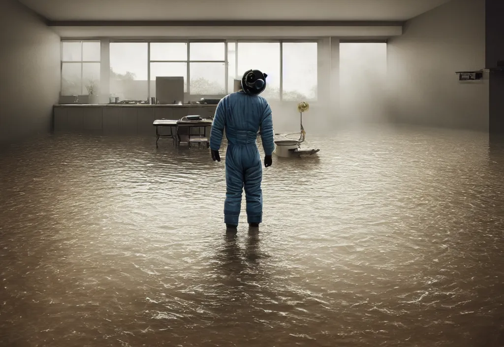 Prompt: kodak portra 4 0 0 photographic and realistic, 7 0's kitchen, detailed, octane render, unreal engine, 4 k, artstation, hyper realistic, wide angle, floor flooded, how a river, a man with space suit, objects that float, 3 5 mm, sharp focus, soft light, volumetric light fog, art by gregory crewdson