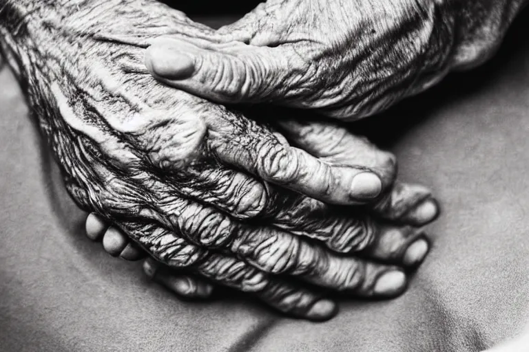 Prompt: close up shot of oily elderly hands