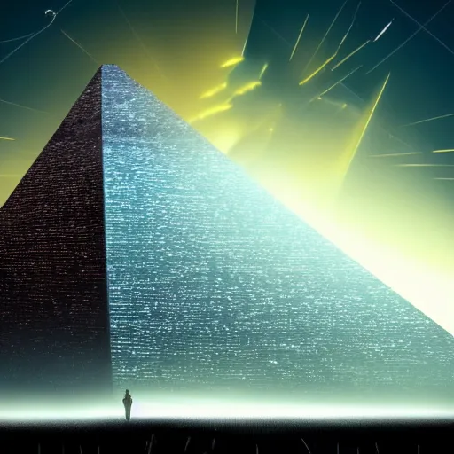 Image similar to big pyramid with blue glow lights and fog in background, huge spaceship in sky, cinematic looking, drama, scary