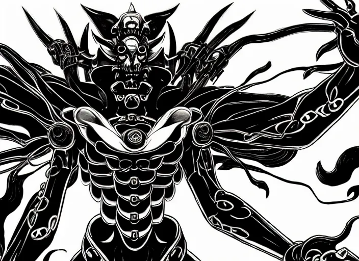 Prompt: shin megami tensei art of a demon car!! called black! volga!!, gaz!!!! car!!!!!!!!!!!, vehicle, art by kazuma kaneko, demonic! compedium!, digital drawing, white background, high quality, highly detailed