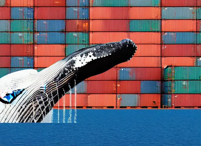 Image similar to a happy whale in front of a huge stack of containers at the port, intricate details, photo realistic octane render