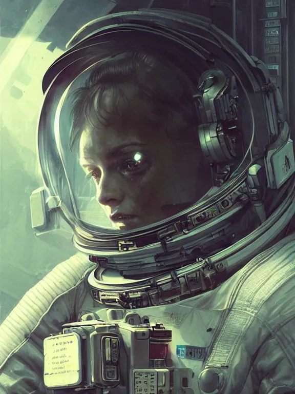 Prompt: portrait of an astronaut from alien isolation, art by ryo shiotani and greg rutkowski, intricate, beautiful, cute, cinematic lighting, vintage art by serge ivanoff, high resolution, very detailed