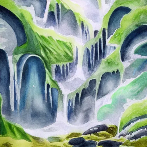 Image similar to water color on paper, elemental waterfall exhibiting all elements, highly detailed, artstation, masterpiece, award - winning,