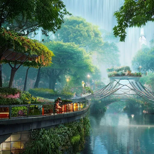 Prompt: a beautiful nature civilization, fancy, flowers, bridges, malls, shops, nature city, people, tree houses, wet reflections, unreal engine 5, octane, smooth, ray tracing, hyper detailed, hyper realism, fantasy, trending on artstation, behance, deviantart