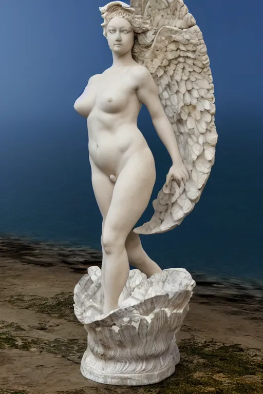 Image similar to Marble Sculpture of The Winged Victory at Samothrace rising out of the sea in a clam shell, photorealistic, volumetric lighting, inspired by The Birth of Venus by Sandro Botticelli, trending on artstation.