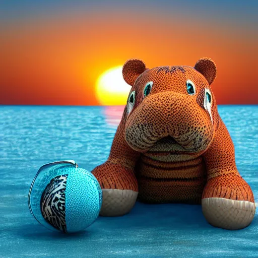 Image similar to a closeup photorealistic photograph of a cute smiling knitted tiger hippopotamus chasing a beachball at sunset. surf in the background. professional capture. this 4 k hd image is trending on artstation, featured on behance, well - rendered, extra crisp, features intricate detail, epic composition and the style of unreal engine.